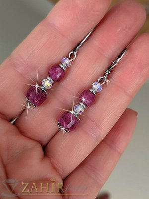 Елегантни хендмейд висящи обеци 5 см от медицинска стомана с естествени камъни розов турмалин, кристални рингове - O3193